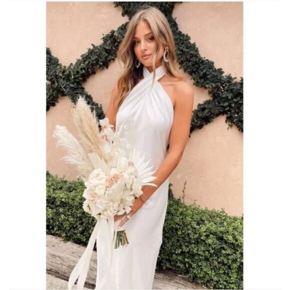 Show Me Your Mumu Jasmine White Satin Halter Maxi Dress Size Medium - Picture 2 of 11